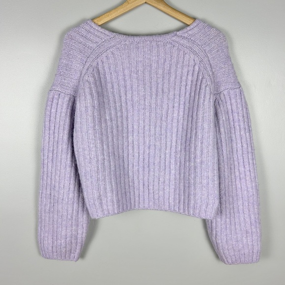 ZARA Cropped Chunky Ribbed Knit V-Neck Sweater Purple Large Alpaca Wool Lavender - Picture 4 of 4